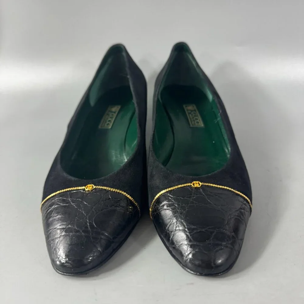 Authentic Gucci 70's-80's Black Suede/Leather w/ Micro GG Logo Pumps, Size 38.5 - Picture 3 of 14